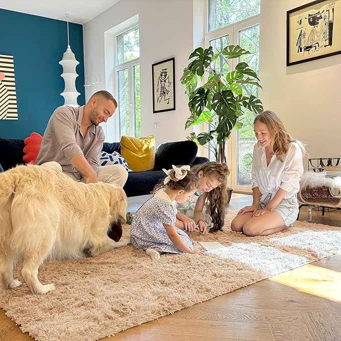 OLANLY 7x12 Machine Washable Large Area Rugs for Living Room, Bedroom, Soft Fluffy Shaggy Bedside Rug, Indoor Floor Carpet for Kids Girls and Boys, Dorms, Nursery, Home Decor Aesthetic, Beige