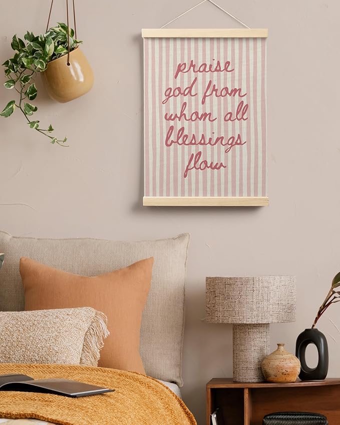 FGFK Trendy Pink Christian Wall Art Poster Hanger Frame, Trendy Striped Praise God From Whom All Blessing Flow Bible Verse Scripture Canvas Prints Framed Wall Decor for Room Home Dorm, 12x16 Inch