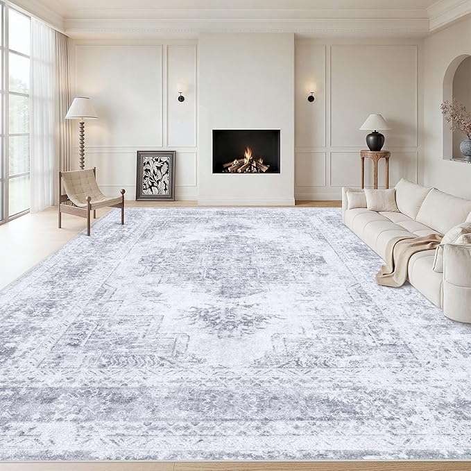 XLUEZ Area Rug 8x10 Living Room Rug, Machine Washable Vintage Distressed Medallion Rug Non-Slip Soft Low Pile Large Indoor Rugs for Bedroom Kitchen Dining Room Office(LightGrey,8'x10')
