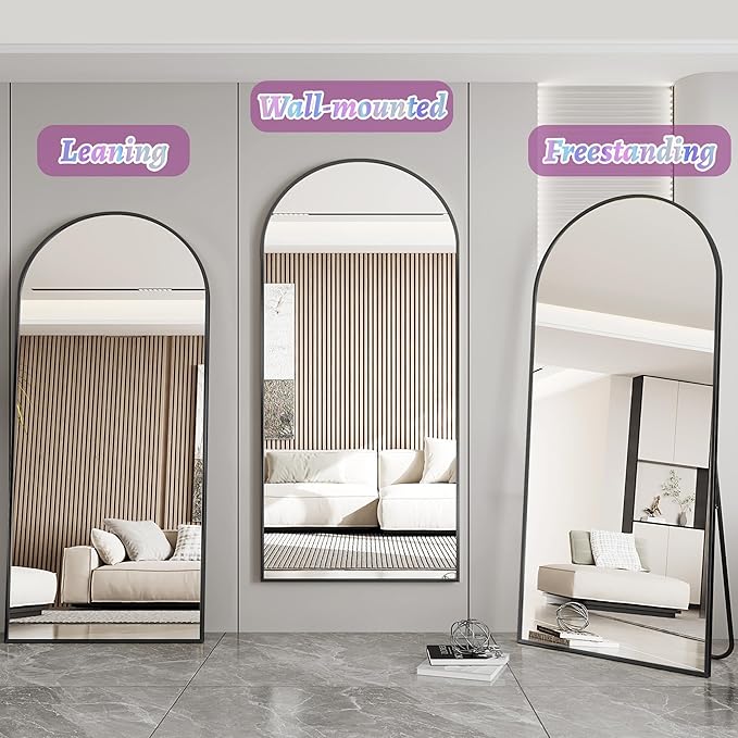 Full Length Mirror, 58"x21" Arched Floor Mirror Freestanding, Floor Standing Full Body Mirror with Stand for Bedroom, Hanging Mounted for Living Room Cloakroom, Black