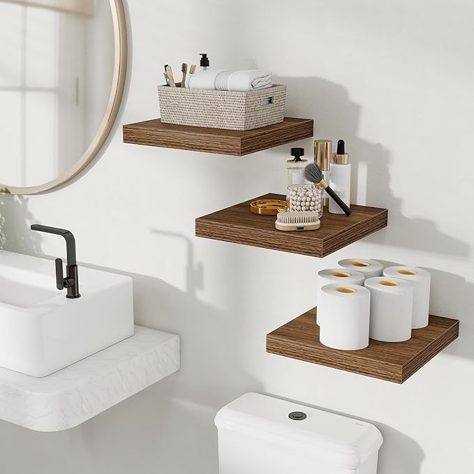 Fun Memories Rustic Wood Floating Shelves for Wall, Space-Saving Wall Mounted Shelves for Bathroom, Bedroom, Living Room and Kitchen, Stylish Storage & Display (Set of 3, Walnut, 12 in)