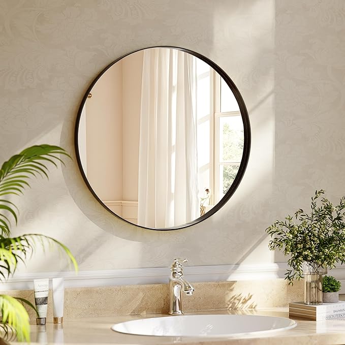 24 inch Round Bathroom Mirror, Wall Mounted Circle Mirror with Black Metal Deep Frame for Living Room, Hallway, Entryway as Wall Decor, Hanging or Leaning