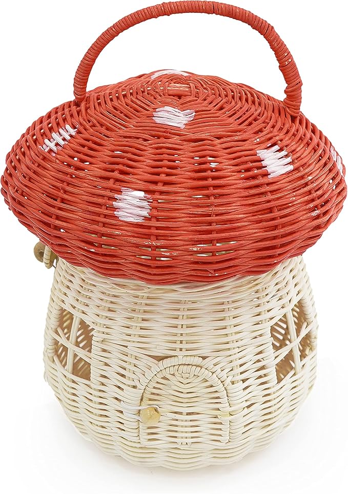 KOLWOVEN Mushroom Basket- Mushroom Home Decor Box With lid Shelves- Rattan Mushroom Newborn Photography Props in Tent, Kitchen - Bag for Kid - Wicker Basket Purse (Red Color)