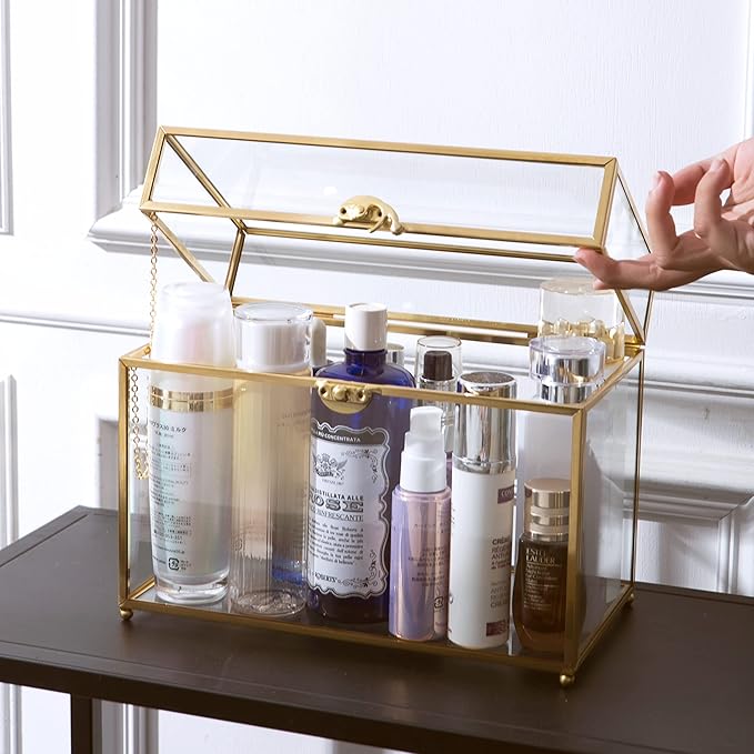 Vellon Gold Clear Glass Wedding Gift Card Box with Buckle Lock, Desktop Cosmetic Storage Organizer with Lib, Keepsake Box/Makeup Container, Golden Jewelry Box
