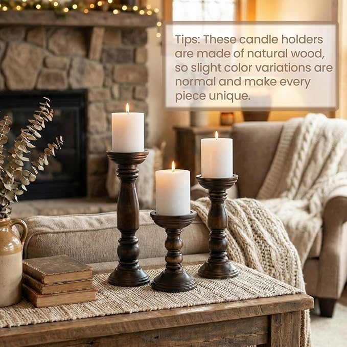 Farmhouse Wooden Candle Holders for Pillar Candles Set of 3, Rustic Wood Candle Holder Table Centerpiece Decor, 12'' 9'' 6'' Vintage Tall Candle Stand Decorative, Dark Brown