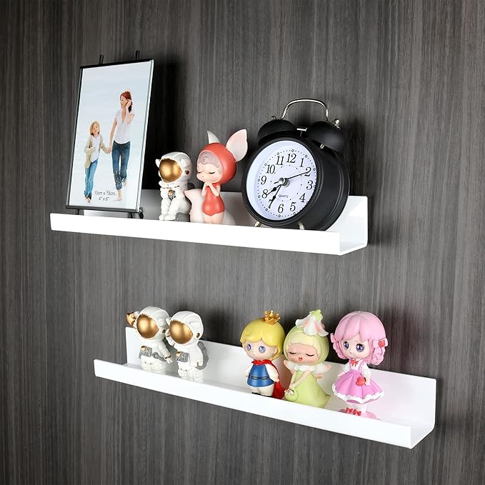 evron Acrylic Floating Shelves – 2-Pack White Wall Shelf for Bathroom, Bedroom, or Kitchen – Easy Installation with Adhesive (No-Drill) or Screws (Drill Required) – 13.8" Modern Rack (White 2 Pack)