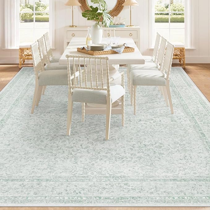 8x10 Area Rugs for Living Room: Washable Large Vintage Floral Rug Low Pile Non-Slip Boho Carpet for Bedroom Home Office Dining Room (Green, 8'x10')
