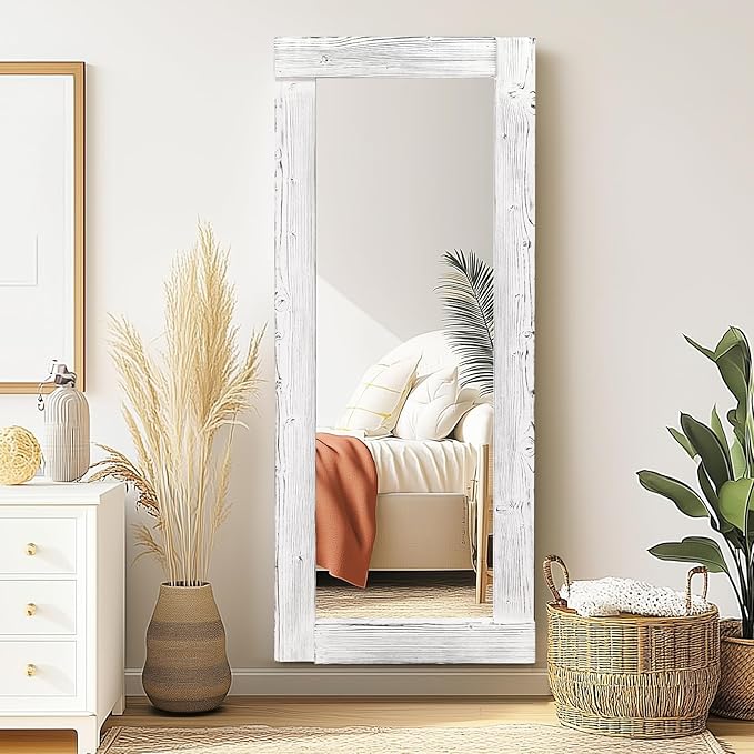 Full Length Mirror 58"x24" – Solid Wood Frame, HD Tempered Glass, Wall Mounted & Leaning, Rustic Modern Decor for Bedroom, Living Room, Entryway, White