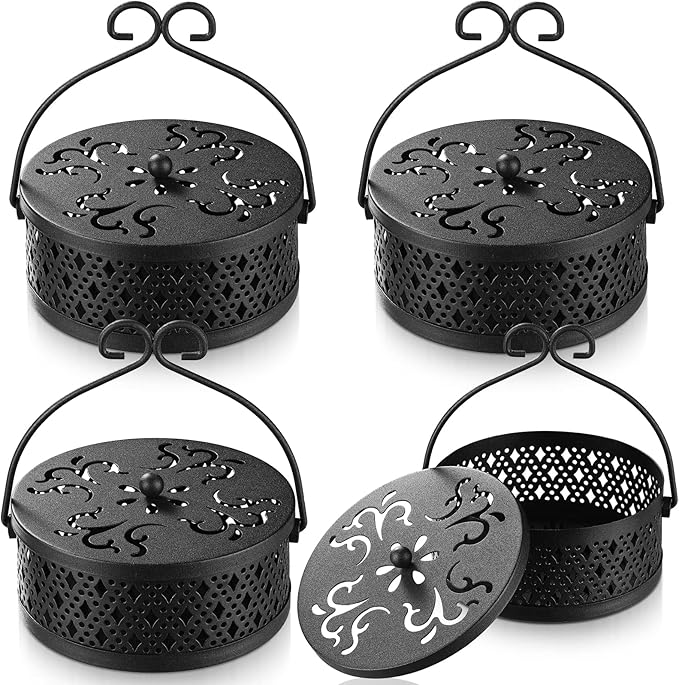 4 Pieces Mosquito Coil Holder Incense Coil Holder Round Retro Portable Metal Hanging Incense Burner with Handle for Home Camping Indoor Outdoor Patio(Black)