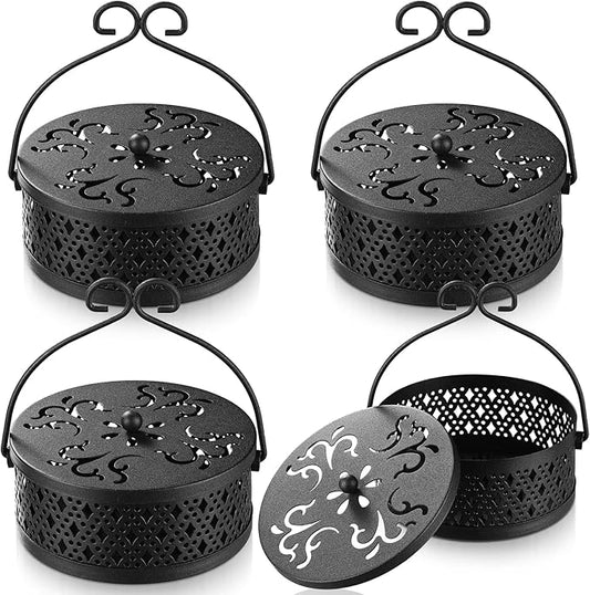 4 Pieces Mosquito Coil Holder Incense Coil Holder Round Retro Portable Metal Hanging Incense Burner with Handle for Home Camping Indoor Outdoor Patio(Black)