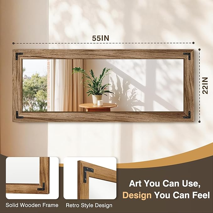 FICTOR Wooden Full Length Mirror, 55"x22" Solid Wood Frame Floor Mirror, for Farmhouse, Bedroom, Living Room, Entryway Decor, Leaning or Hanging