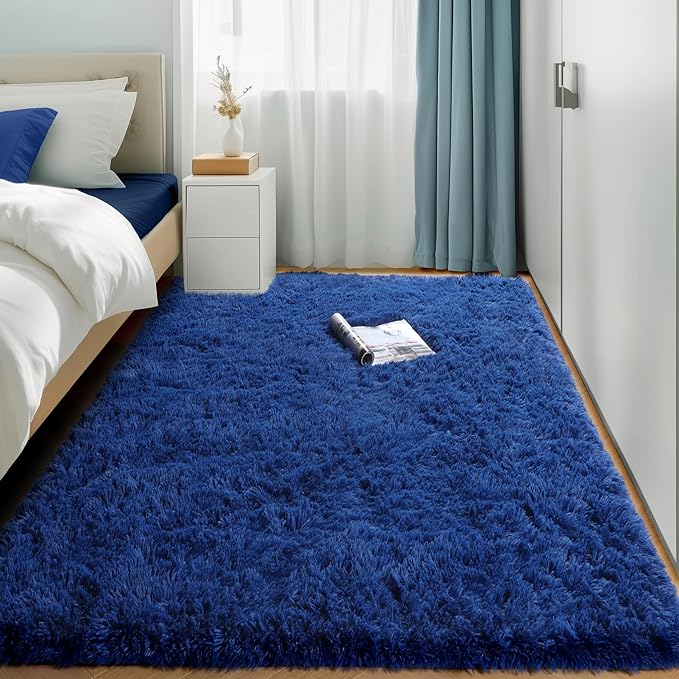 Amdrebio Navy Blue Area Rugs for Boys Bedroom, 5x8 Shag Fluffy Furry Plush Rug for Kids Room, Living Room Decor Aesthetic, Cool Royal Dark Blue Carpet for Baby Nursery Classroom Office Dorm Playroom