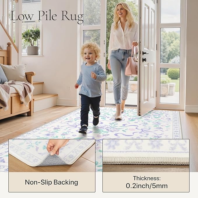 GENIMO 5X7 Washable Vintage Area Rugs for Living Room, Non-Slip Low Pile Chenille Print Rug, Soft Rugs for Bedroom Dining Room Home Office, Pastel Purple