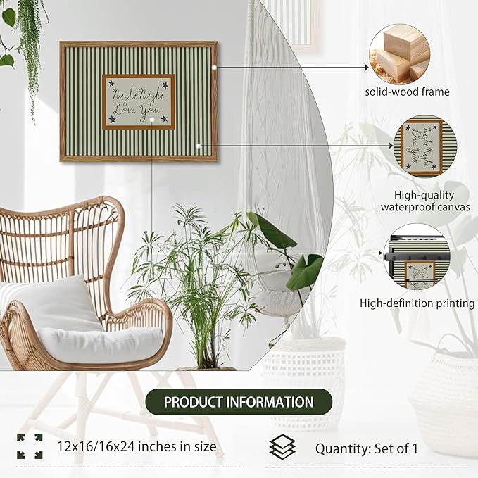 Vintage Green Wall Art, Mid Century Night Night Love You Stripe Canvas Wall Decor Painting, Modern Minimalist Nursery Striped Prints Pictures for Baby Room Kids Bedroom 12x16 Inch Framed