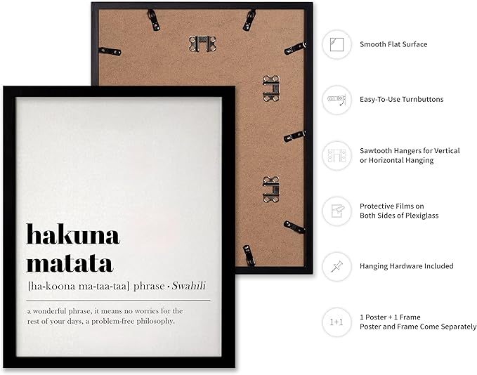Poster Master Typography Poster - Dictionary Print - Hakuna Matata Definition, Wonderful Phrase, No Worries, Funny, Motivational - Gift for Kids, Friend - Wall Decor for Home, 8x10 Black Framed