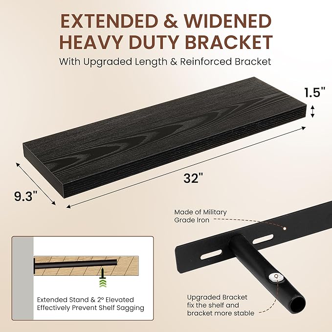 Dreamland 32 Inches Floating Shelves for Wall, 9.3" Deep Long Floating Shelves Set of 2, Large Display & Storage Shelf, Wall Shelf for Bathroom Bedroom Living Room Kitchen Office, Black