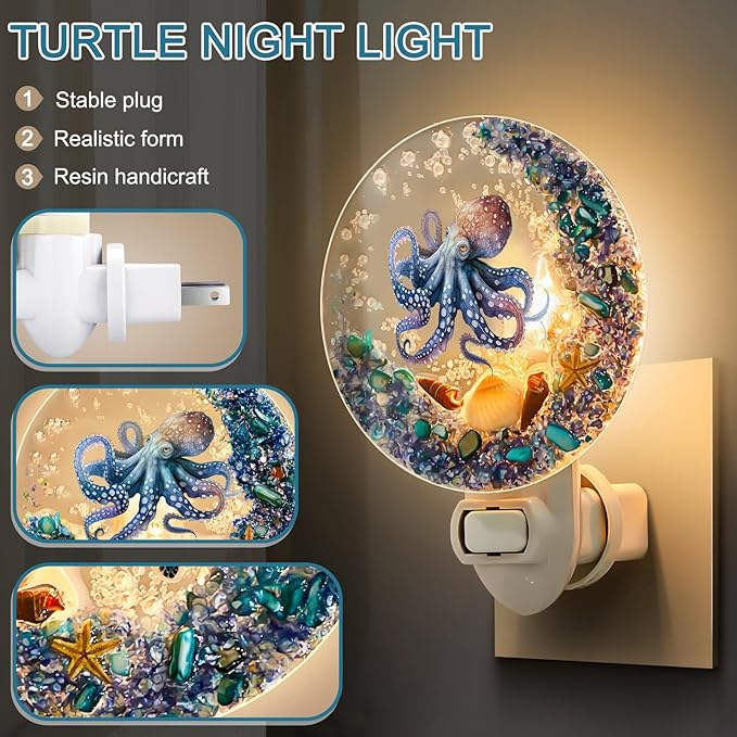 Hortsun Plug in Seashell Night Light Ocean Sea Animal Decorative Night Light Plug in Beach Lamps Vintage Ocean Lamps for Adult for Home Bedroom Living Room Bathroom Wall(Octopus)