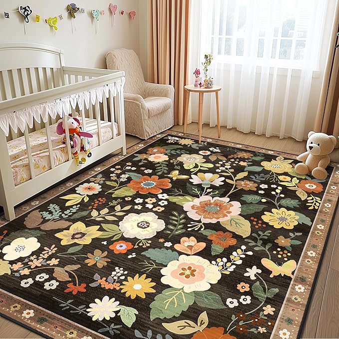 RELEANY Floral Nursery 4x6 Area Rugs Washable Print Boho Cute Carpet Non Slip Flower Low Pile for Living Room Kids Girls Playroom Bedroom Kitchen Office Farmhouse-Black/Yellow/Red