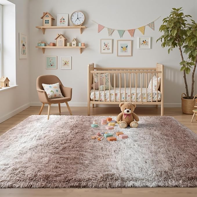 4x6 Feet Area Rugs for Bedroom,Gradient Beige Plush Fluffy Shaggy Living Room Rugs Non-Slip, Ultra Soft Carpet for Nursery Kids PlayRoom Dorm Office Indoor