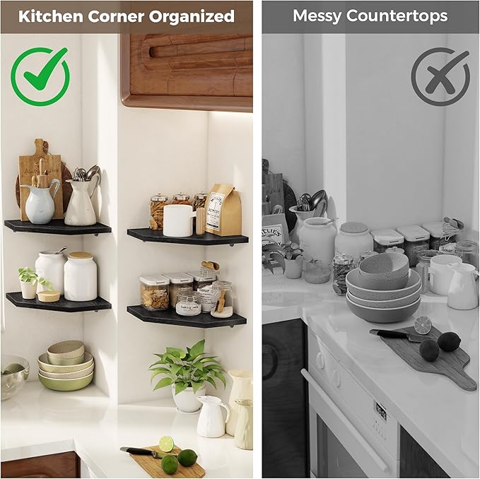 Corner Shelves 2-Pack for Bathroom & Kitchen, Space-Saving Floating Corner Wall Shelf with Easy Installation- Black