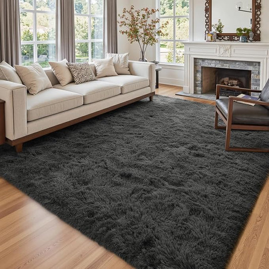 9x12 Ft Extra Large Shag Rugs for Living Room, Ultra Soft Fluffy Furry Area Rugs for Bedroom Indoor Floor, Aesthetic Carpet for Kids Home Decor (Dark Grey)