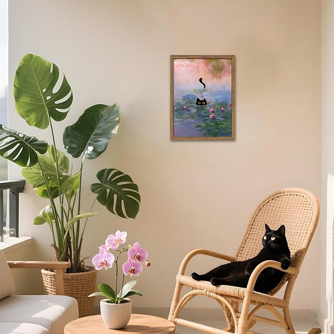 Vintage Framed Cat Canvas Wall Art Monet Print, Funny Black Cat in Water Lilies Poster, Monet Office Wall Decor, Floral Oil Painting Picture Artwork for Living Room Bathroom Aesthetic – 12x16 inch