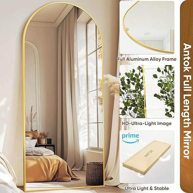 Antok Arched Full Length Mirror, 68"x28" Gold Metal Frame Floor Mirror for Bedroom Living Room, Freestanding/Wall Mount/Leaning