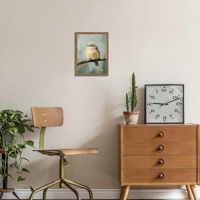 Vintage Framed Bird Wall Art, Rustic Sparrow on Branch Canvas Wall Decor Painting, Cute Bird Animal Artwork Poster Prints Pictures for Living Room Bedroom Bathroom 12x16 Inch