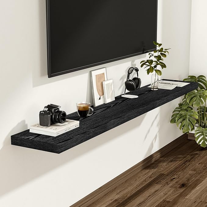 Vivelove Black Floating Shelves 55 Inches Wide, 12" Deep Wall Shelves for Bedroom, Bathroom, Living Room, Kitchen, Office, Rustic Home Decor Shelf with Invisible Brackets, 55" X 12" X 1.5", Set of 2