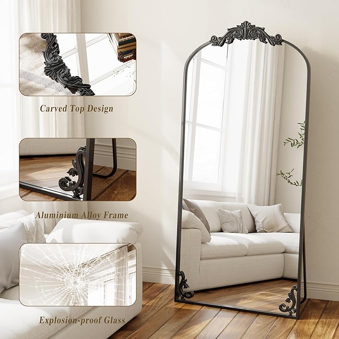 GLSLAND 32"x71" Vintage Full Length Mirror,Large Carved Arched Full Body Mirror with Metal Frame for Bedroom/Living Room/Entryway,Black