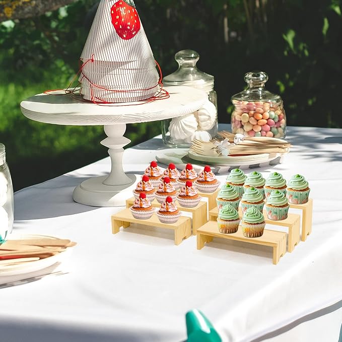 Yikaroeli 2 Set Wood Display Risers Wooden Stand Riser 3 Tiered Display Stands for Vendor Events 6 Pcs Cupcake Stands Cake Stand for Party Dessert Food(Nature)