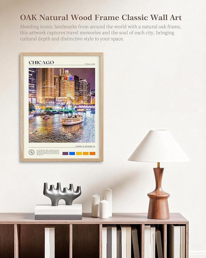 HesenDot Natural OAK Wood Chicago Framed Wall Art,12x16in Chicago River Cityscape Canvas Wall Print,Classic Urban Skyline Home Decor for Living Room Bedroom Office Gallery, Set of 1