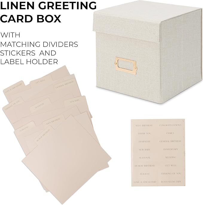ZICOTO Beautiful Greeting Card Organizer Box With Dividers - Sturdy Linen Storage Box Easily Organizes All Your Greeting Cards in Style - Cute Card Holder Safely Stores Up to 300 Small Or Large Cards