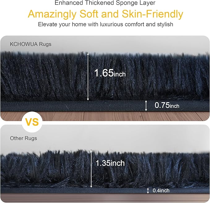 KICHOWUA Thick Area Rug Black Fluffy Shag 5x7 for Bedroom, Ultra Soft Plush Fuzzy Washable Thickened Non-Slip Floor Carpet, Modern Cozy Furry Rug for Living Room Kids Baby Boys Girls Nursery Dorm