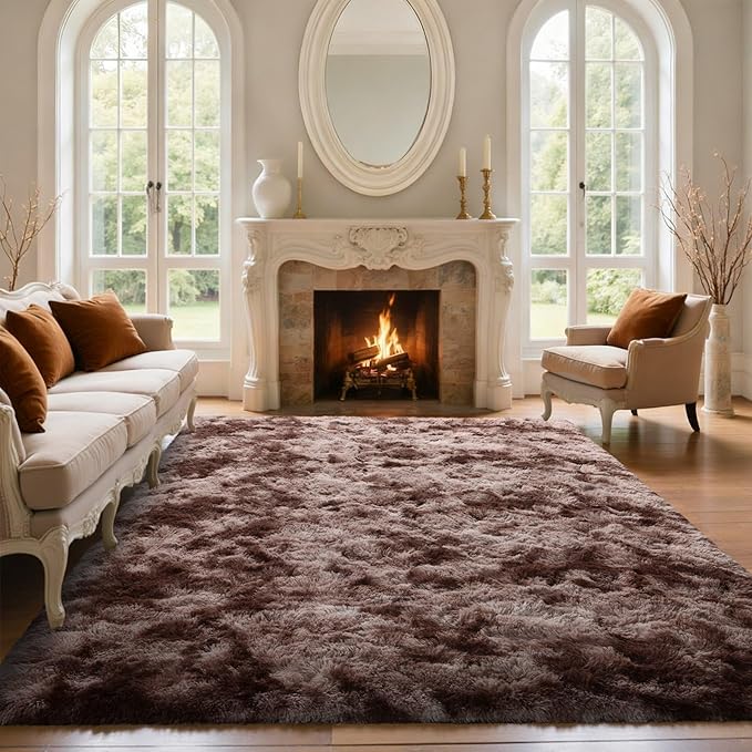 5x8 Brown Rugs for Living Room Fluffy Fur Bedroom Area Rug,Rustic Plush Non-Slip Dark Carpet for Book Room Office,Coffee Stain Resistant