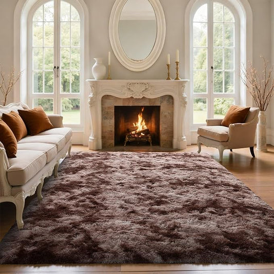 5x8 Brown Rugs for Living Room Fluffy Fur Bedroom Area Rug,Rustic Plush Non-Slip Dark Carpet for Book Room Office,Coffee Stain Resistant