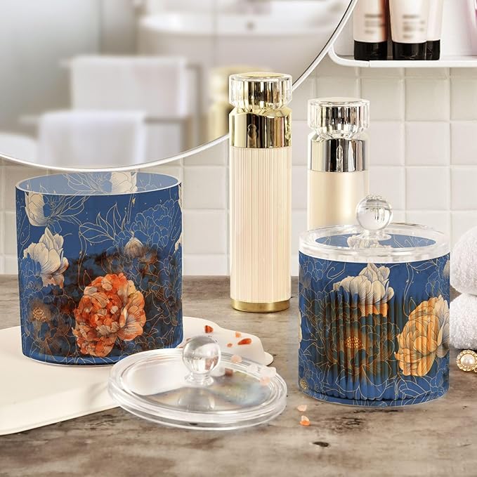 Navy Blue Gold Peony Floral2 Clear Plastic Makeup Organizer Storage with lid Pantry Essentials Decorative Dental floss storage jar for Cotton Swabs,Cotton Pads,Floss Picks,Paper Clips,Hair