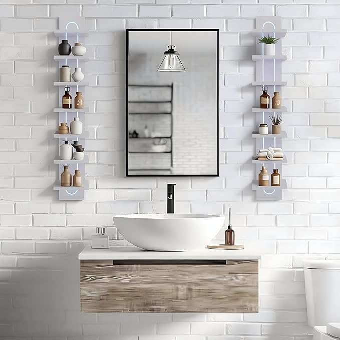VIWODS 7 Tier Wall Shelf Unit with Light-Small Floating Shelves for Home Decor, Modern Unique Asymmetric Design for Bedroom & Living Room Storage