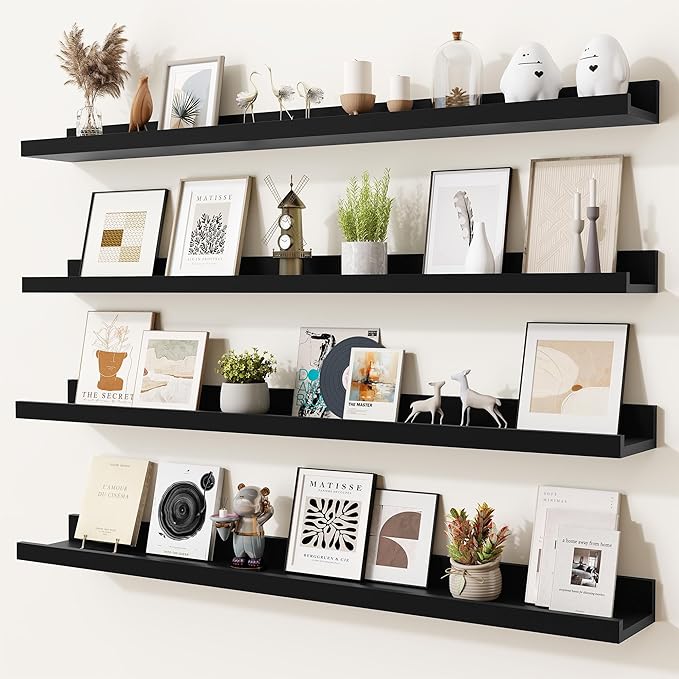 Heimlove Picture Ledge Shelf,36 inch Long Floating Shelves for Wall Set of 4,Black Picture Shelf with Lip for Wall Decor,Living Room,Bedroom,Bookshelf,Nursery,Perfume