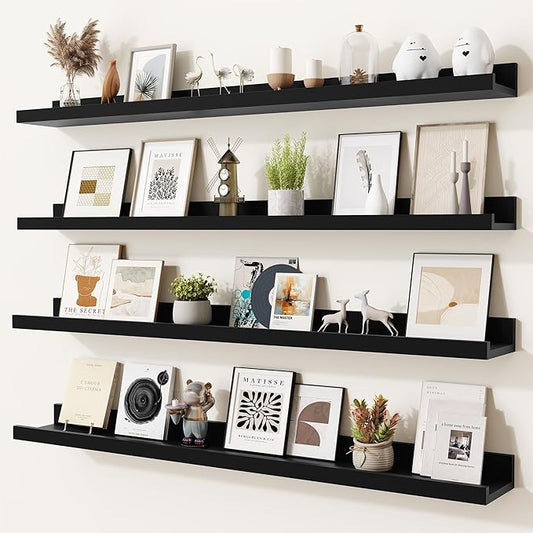 Heimlove Picture Ledge Shelf,36 inch Long Floating Shelves for Wall Set of 4,Black Picture Shelf with Lip for Wall Decor,Living Room,Bedroom,Bookshelf,Nursery,Perfume