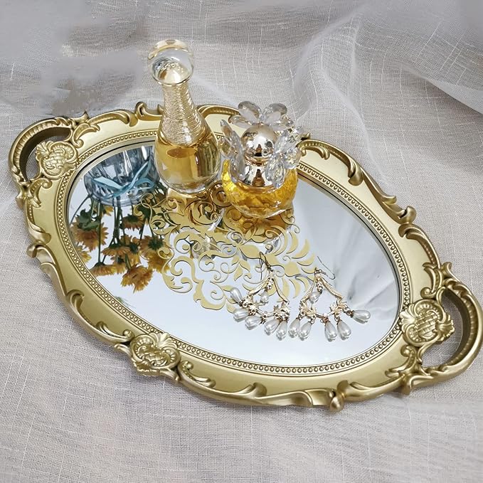 Oval Printed Decorative Mirror Tray, French Style, Mirror, Makeup Organizer, Jewelry Organizer, Serving Tray, 9.8"x 14.6", Gold