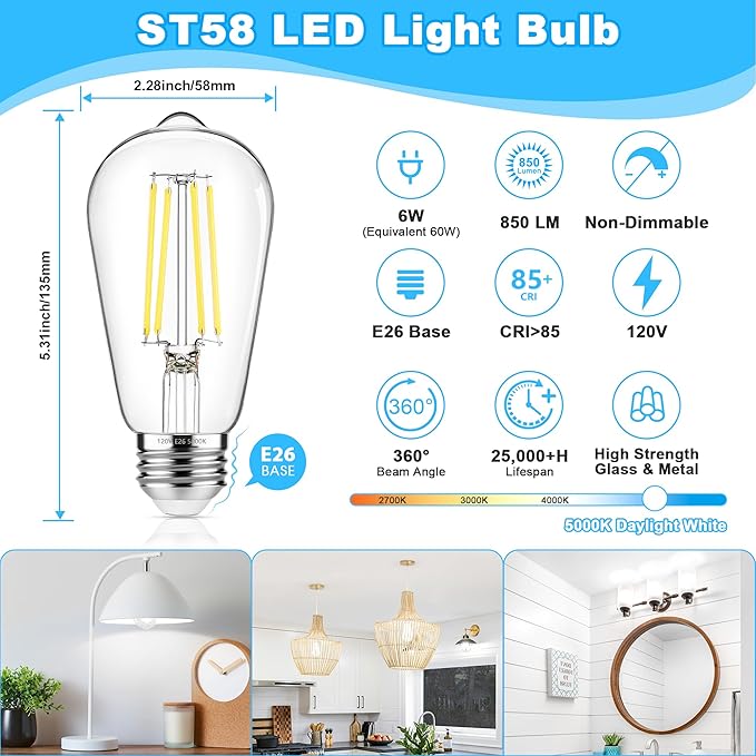 ASOMST 16-Pack Vintage Edison LED Bulbs, 60W Equivalent, 850LM 6W Edison Light Bulb Daylight White 5000K, ST58 LED Filament Bulb E26 Base, Non-Dimmable