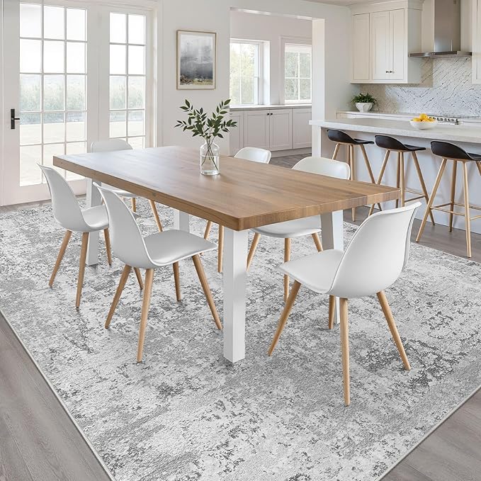 7x10 Area Rug Living Room: Washable Large Neutral Rug Abstract Soft Modern Stain Resistant Indoor Floor Non-Slip Carpet for Bedroom Nursery Kids Office Playroom Dining Room Under Table- Light Gray