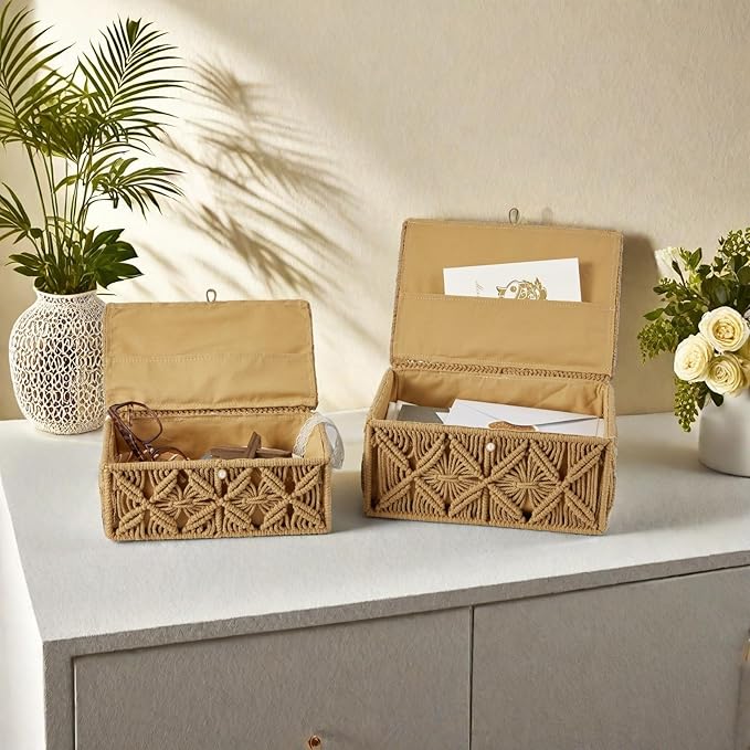 2PCS Decorative Boho Storage Baskets with Lid Bohemian Macrame Jewelry Box Handmade Natural Cotton Rope Woven Bins Memory Keepsake Photo Makeup Organizer Container (Khaki, 1 Large 1 Small)