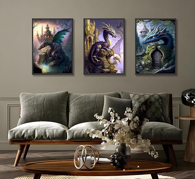FJKLRP 3pcs Fantasy Dragon Wall Art Castle & Mythical Dragon Design Canvas Prints poster Fantasy Wall Decor with Fantasy Themed Wall Decor for Bedroom Gaming Room Living Room Decoration Unframed
