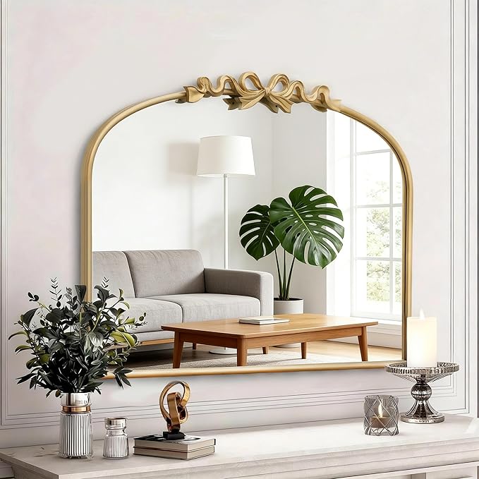 Besdomus Antique Arched Gold Mirror: 32"x24" Large Arch Bow Antique Wall Mounted Mirror - Baroque Traditional Ornate for Living Room/Fireplace/Bathroom- Home Decor for Homemakers