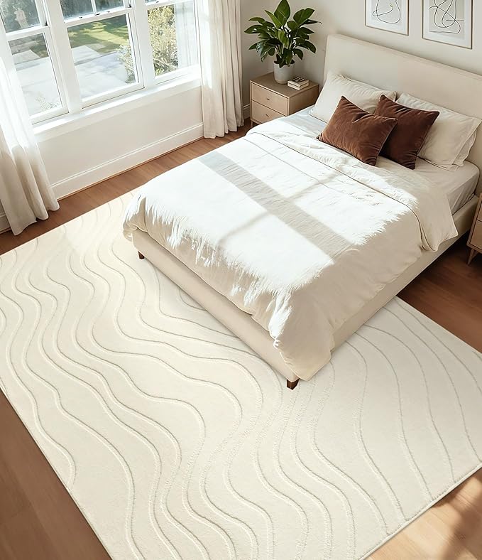 YIHOUSE 8x10 Striped Area Rug, Modern Washable Stain Resistant Rugs Non Slip, Soft Indoor Large Floor Carpet for Living Room, Bedroom,Dining Room, White