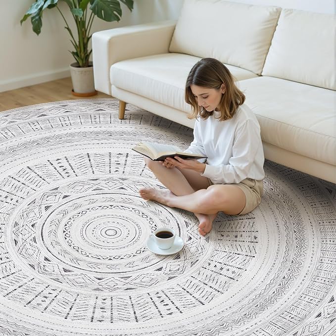 cotiled 8x8 Round Area Rug Living Room: Washable Boho Rugs with Non Slip Backing Large Soft Indoor Stain Resistant Carpet for Bedroom Farmhouse Dining Room Lightweight Home Decor Dark Grey