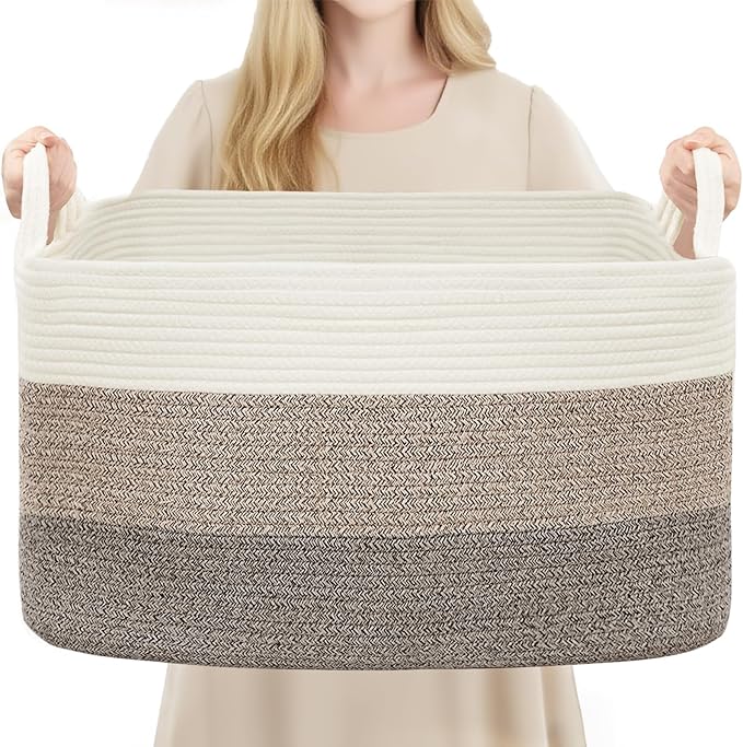 YOUDENOVA Nursery Storage Basket，21.6''×14.9''×11.8'' Rectangle Cotton Rope Blanket Basket, Nursery Laundry Hamper for Organizing，Toy Basket for Living Room, Bedroom
