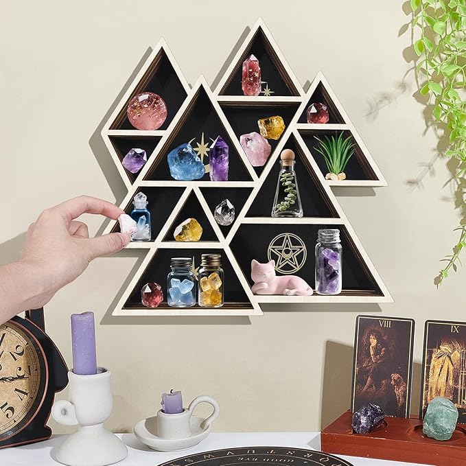 peacoblue Mountain Shaped Crystal Display Shelf 11.8" L× 11.8" W× 1.2" Wooden Wall Mounted Decor with Multiple Compartments for Crystals, Gemstones & Trinkets for Bohemian, Witchy & Modern Interiors
